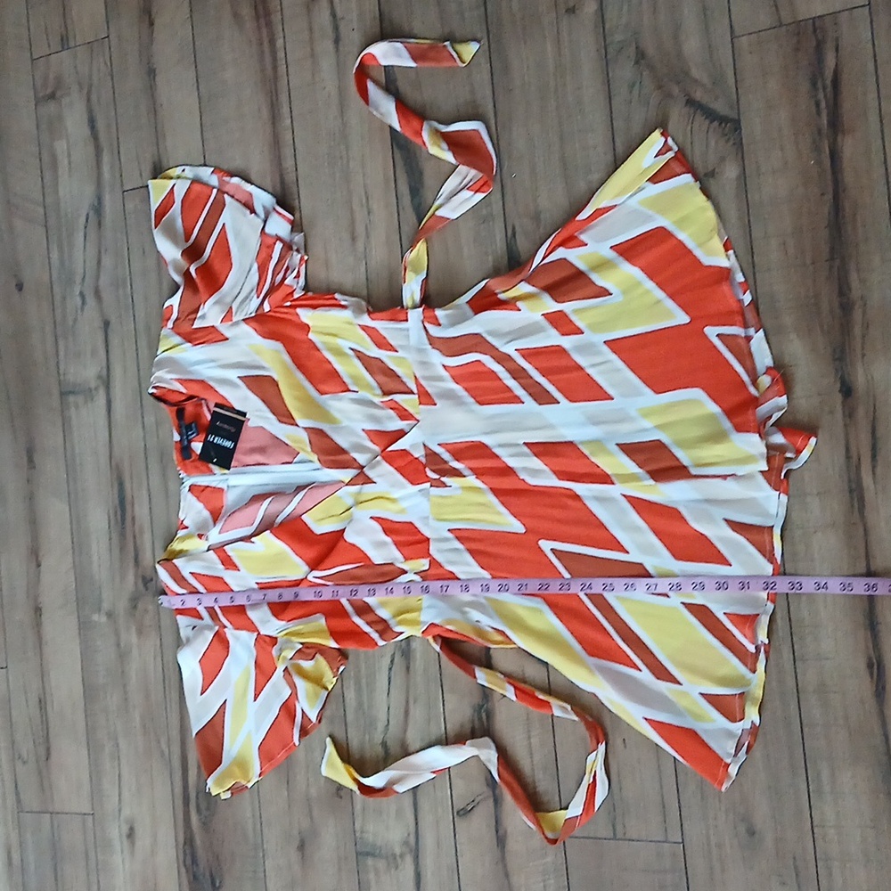 New Vibrant Orange and Yellow Patterned Wrap Mini Rorper. Size L - Picture 8 of 17